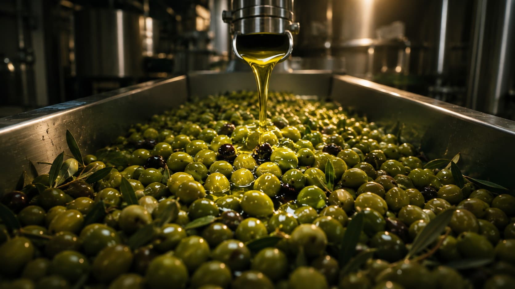 Olive oil pouring over olives in a steel vat, plant tanks behind