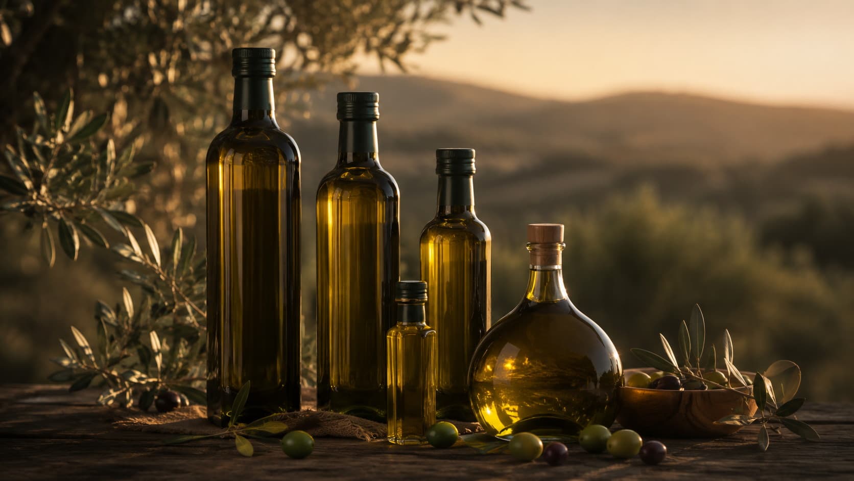 Olive oil bottles in several volumes, olive grove and hills behind