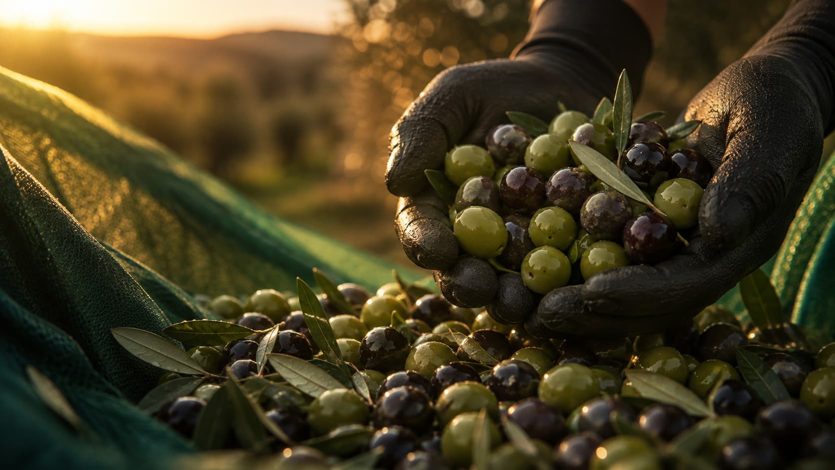 Freshly harvested olives held in cupped hands at sunset, olive grove behind