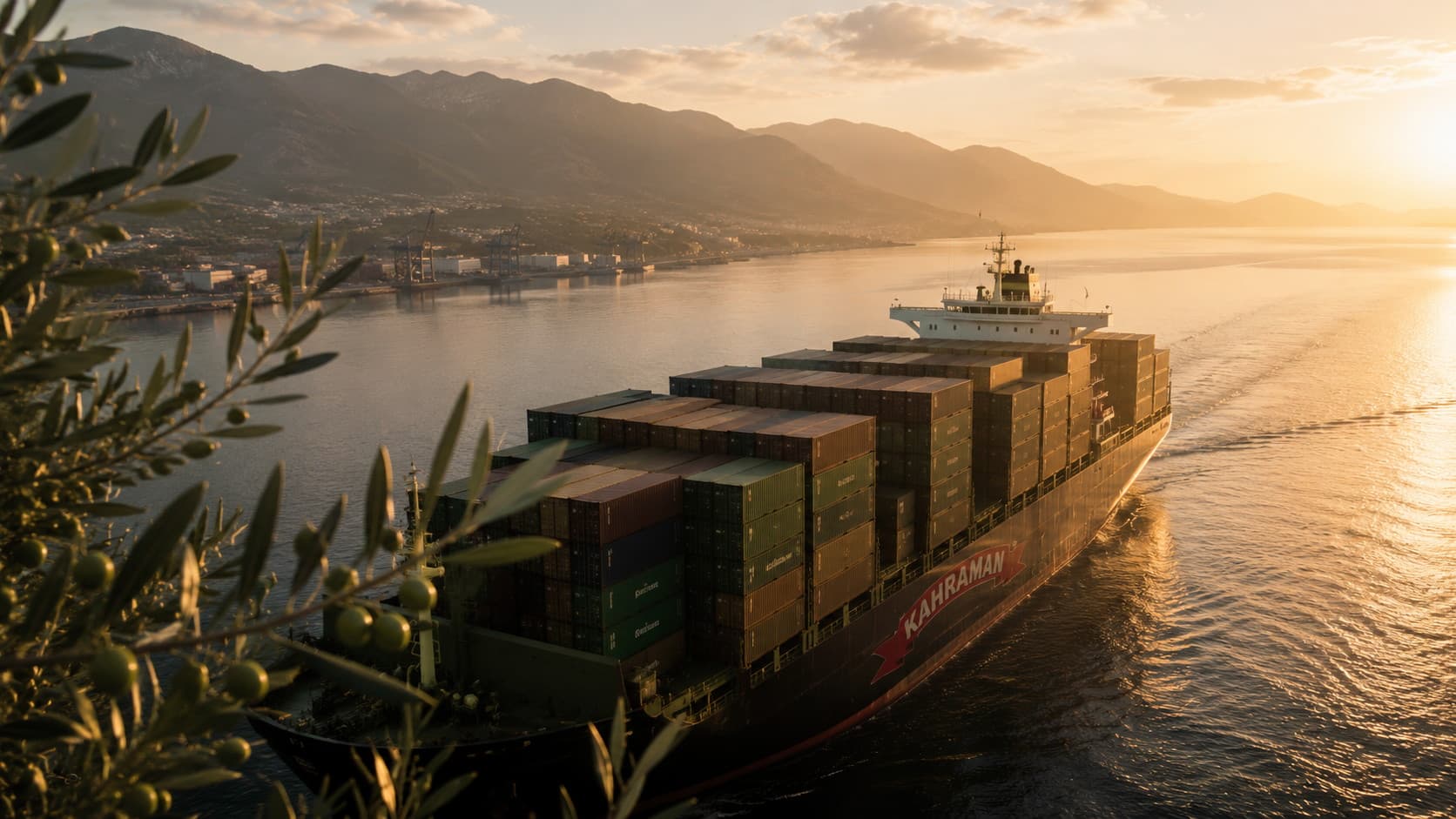 Container ship leaving port at sunset, olive branches in the foreground